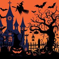 Halloween background with witch, pumpkins, and castle vector