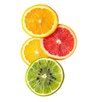 Brightly sliced orange, grapefruit, and lime arranged neatly against a transparent background, showcasing natural colors, fresh sliced fruits on transparent background png