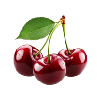 Three ripe cherries with green leaves pop against a clean background, showcasing their juicy freshness, Mandarin fruit isolated on trransparent png