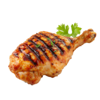 Succulent grilled chicken drumstick showcasing grill marks and garnished with fresh herbs on a clean backdrop, grilled chicken on transparent background png