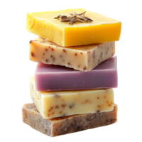Colorful handmade soap bars stacked on a transparent background, showcasing unique textures and natural ingredients, group of soap bars on transparent background png