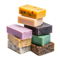 A stack of soap bars displaying unique colors and textures, showcasing their natural charm, group of soap bars on transparent background png