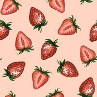 Seamless pattern with strawberries and strawberry halves isolated on white background, hand drawn watercolor illustration. Ideal for background, fabric and textile, postcard, packaging vector