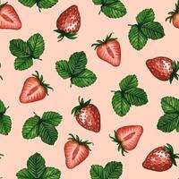 Seamless pattern with juicy strawberries and green leaves isolated on white background, hand drawn watercolor illustration. Ideal for background, fabric and textile, postcard, packaging. vector