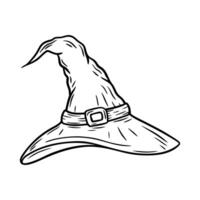Halloween witch hat illustration in line art style. Graphic monochrome drawing. Hand drawn outline sketch, engraved illustration. Design element for coloring book page, invitation, decoration. vector