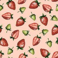 Seamless pattern with juicy red and green strawberries isolated on white background, hand drawn watercolor illustration. For background, fabric and textile, postcard, packaging. vector