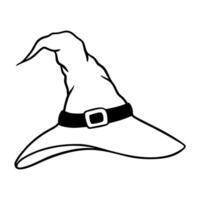 Halloween witch hat illustration, line art style. Graphic monochrome drawing. Hand drawn outline sketch, engraved illustration. Design element for coloring book page, invitation, decoration. vector