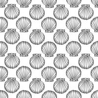 Underwater seamless pattern with seashells line art illustration in black color. Scallop sketch, seashell line drawing. Summer beach seaside print for background, textile, fabric, wrapping paper vector