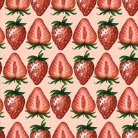 Seamless pattern with fresh and juicy strawberries and strawberry halves isolated on white background, hand drawn watercolor illustration. For background, fabric and textile, postcard, packaging. vector
