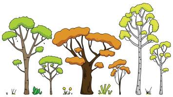 Set of stylized, full color, hand drawn trees vector