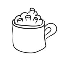 Outline mug of Cocoa with whipped Cream and Marshmallow. Winter autumn cozy Drink in metal Cup. Contour image of hot Chocolate. Hand drawn Doodle. Isolated on white background. illustration. vector