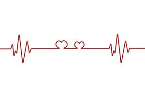 Heart pulse one line red cardiogram sign heartbeat, cardiogram in the form of pulsation of two hearts. vector