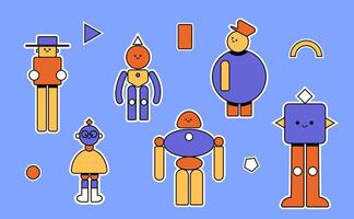 Stickers characters from simple geometric figures. Cute characters with outline. Robots from simple figures. vector
