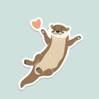 sticker Cute cartoon otter with heart, illustration in flat style vector