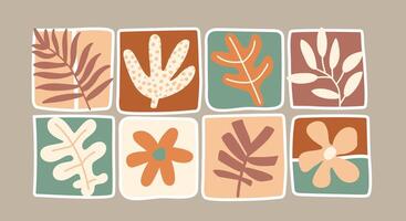 set of botanical icons in beige tones, flowers and leaves abstract shapes flat style vector