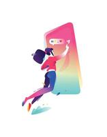 Illustration of a girl and a smartphone. The girl is chatting and communicating. Image is isolated on white background. Character girl. Illustration for banner and website. vector