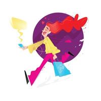 Illustration of a cute girl with shopping. Cute red-haired girl is running with phone and packages. Image is isolated on white background. Flat illustration for print and website. vector