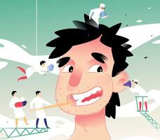 Illustration of a cheerful man at a doctor's reception. A young man undergoes medical prophylaxis and tests. Flat illustration for banner and site. Cute character. vector
