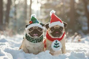 Festive Pugs in Christmas Attire Enjoying Snowy Weather photo