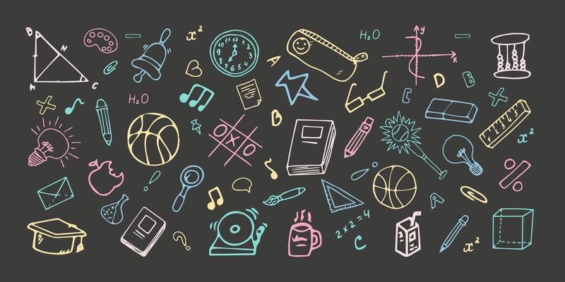 Doodle Icons Set School Supplies for Kids. Modern Collection Education Elements. Illustration Hand Drawn icons, Book, Clock, Cube, Bulb, Basketball, Book, pen, notes, Brush, Magnifying glass.