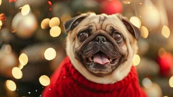 Adorable Pug in Red Sweater Celebrating Christmas Festivities with Bright Lights photo