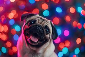 Adorable Pug Dog with Tongue Out Against Colorful Bokeh Lights Background photo