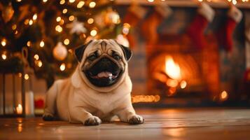 Charming Pug Puppy Enjoys Festive Christmas Decor and Warm Fireplace Ambiance photo