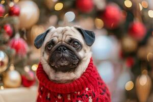 Festive Pug in Red Sweater with Christmas Blur Background photo