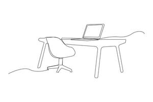 Computer table with chair continuous line art drawing. vector