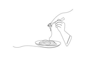 Eating noodles with fork continuous one-line art drawing vector