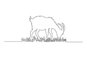 Continuous line art drawing of a goat eating grass. Hand-drawn goat illustration isolated on white background. vector
