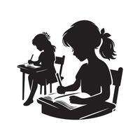 Girl writing and reading in the classroom silhouette. Education concept logo. vector