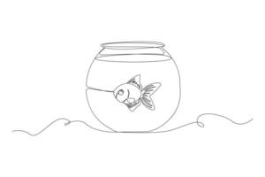 Hand-drawn fish bowl one-line art drawing. Fish in fish bowl continuous outline vector