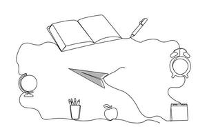 Hand-drawn continuous line art drawing of book, pen, globe, calendar, apple, alarm clock and pencil holder. Education concept background. vector