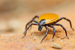 Close-Up of a Lone Tick Crawling on Textured Surface in Natural Habitat photo