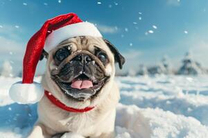 Joyful Pug Dog in Santa Hat Enjoying Snowy Winter Wonderland photo