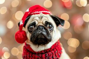 Adorable Pug in Santa Hat and Scarf with Festive Bokeh Background photo