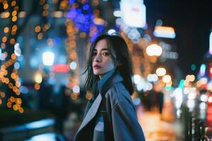 Elegant Asian Woman in Urban Nightlife Setting with Neon Lights photo