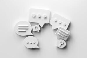 Minimalist speech bubbles talk icons on white background. Concepts of communication, new ideas, brainstorming, and modern problem solving. photo