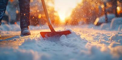 Close-up of a snow shovel. A man shovels snow from the sidewalk in a winter city. A man uses a shovel. photo