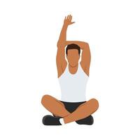 Young man doing stretching raised arm. Stretches his arms while sitting in lotus pose. vector