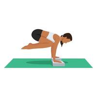 Young woman doing Pendant Pose Block or Lolasana Blocks yoga exercise. vector