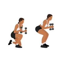 Young woman doing prisoner get up exercise with dumbbells for quads. vector