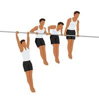 Young man doing 4 steps of Muscle up on bar calisthenics movement. vector