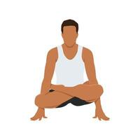 Young man doing lotus pose while holding hands. Standing on hands in lotus pose. vector