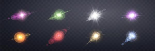 Different colors sunlight lens flare, sun flash with rays and spotlight. Glowing burst explosion vector
