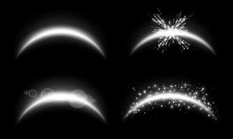White magic arches set with glowing particles, silver sunlight lens flare. Neon realistic energy flare arch. Abstract light effect on a black background. vector