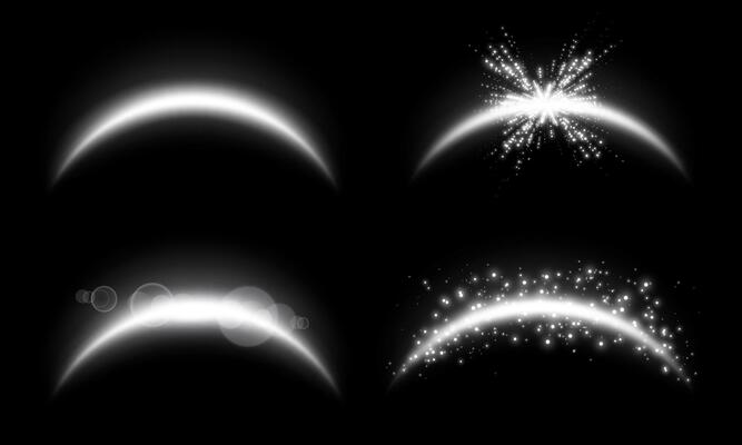 White magic arches set with glowing particles, silver sunlight lens flare. Neon realistic energy flare arch. Abstract light effect on a black background.