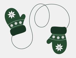 Green mittens with winter pattern. Warm accessory for winter. Decorative element for Christmas design. Flat illustration. vector