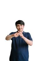 A Southeast Asian man pointing to the left side, photo